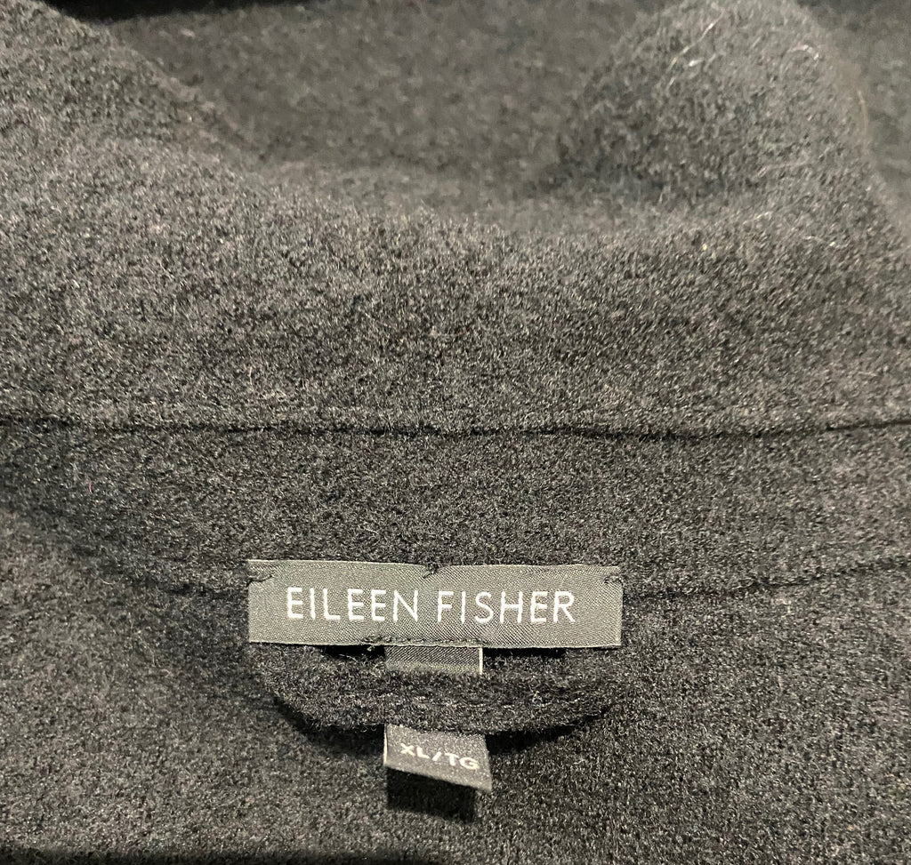 EILEEN FISHER Black Merino Wool V Neck Fray Trim Long Sleeve Casual Jacket Coat