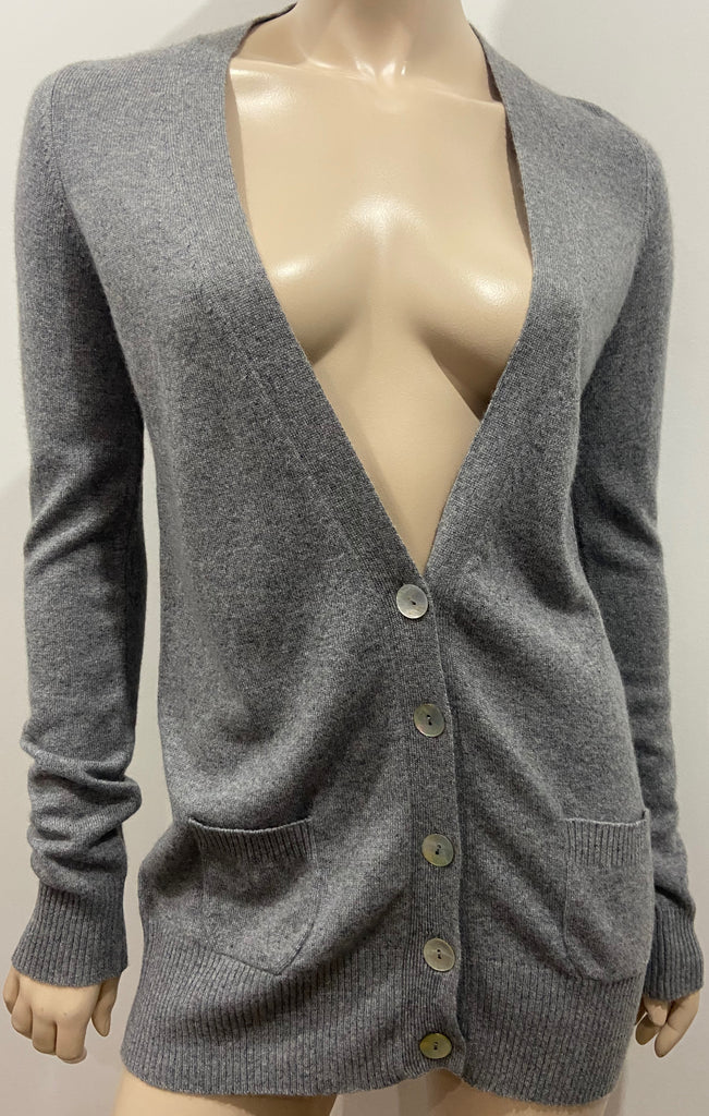 WILLOW CASHMERE Grey 100% Cashmere Plunge V Neck Long Sleeve Cardigan M