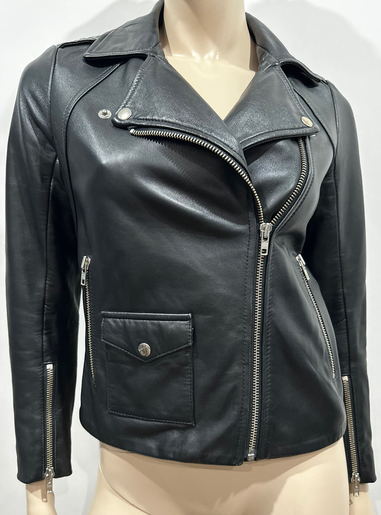SANDRO Women's Black Leather Silver Tone Zipper Lined Biker Style Jacket 1 S UK8