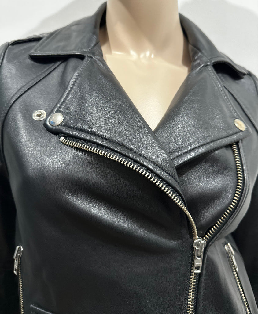 SANDRO Women's Black Leather Silver Tone Zipper Lined Biker Style Jacket 1 S UK8