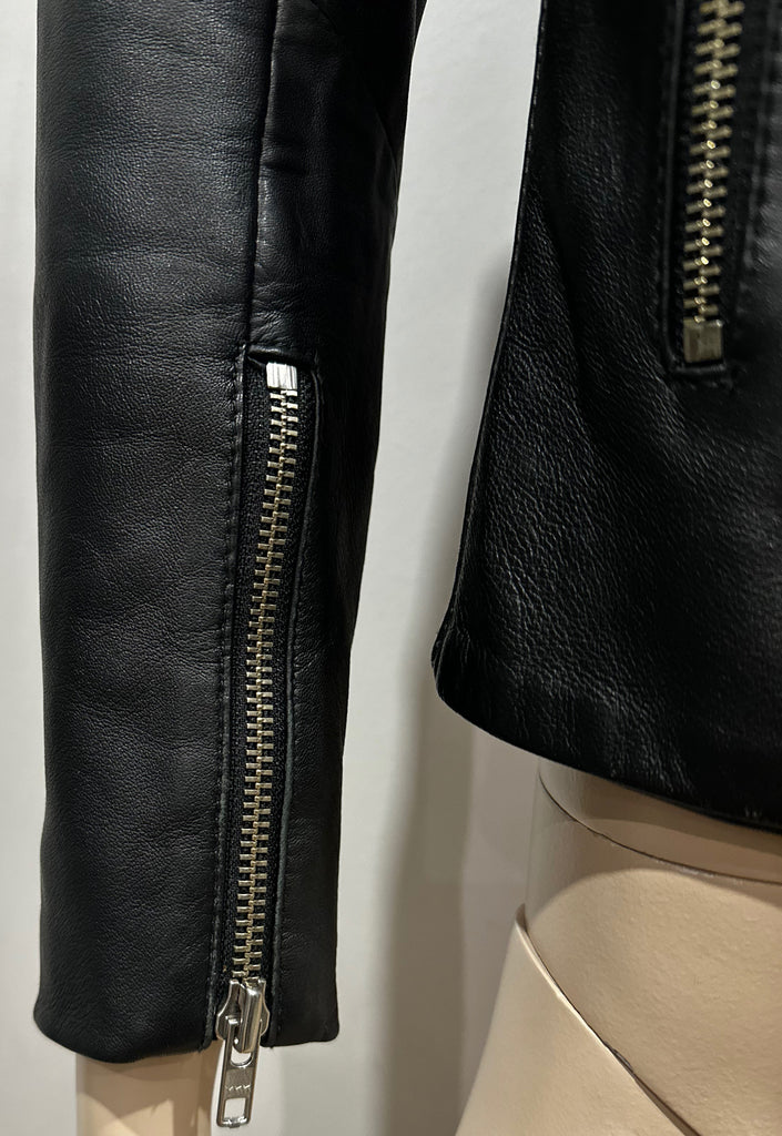 SANDRO Women's Black Leather Silver Tone Zipper Lined Biker Style Jacket 1 S UK8