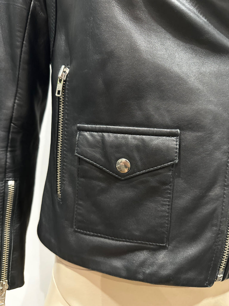 SANDRO Women's Black Leather Silver Tone Zipper Lined Biker Style Jacket 1 S UK8