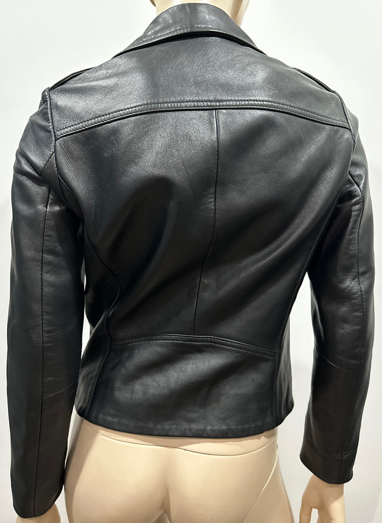 SANDRO Women's Black Leather Silver Tone Zipper Lined Biker Style Jacket 1 S UK8