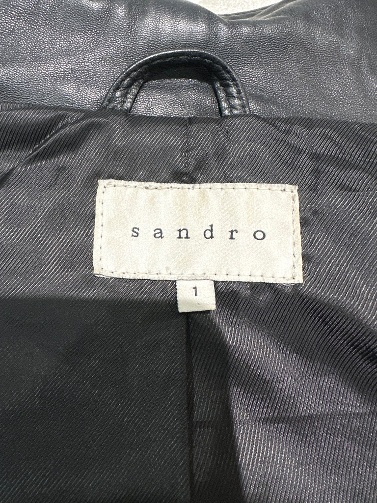 SANDRO Women's Black Leather Silver Tone Zipper Lined Biker Style Jacket 1 S UK8