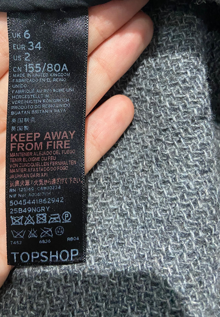 TOPSHOP BOUTIQUE Grey 100% Wool Drawstring Hooded Long Sleeve Jacket Coat UK 6