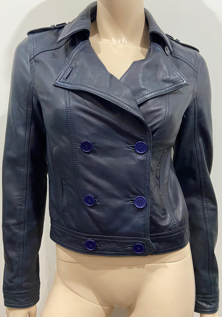 REISS Women's Midnight Blue Leather Collared Double Breasted Lined Jacket XS