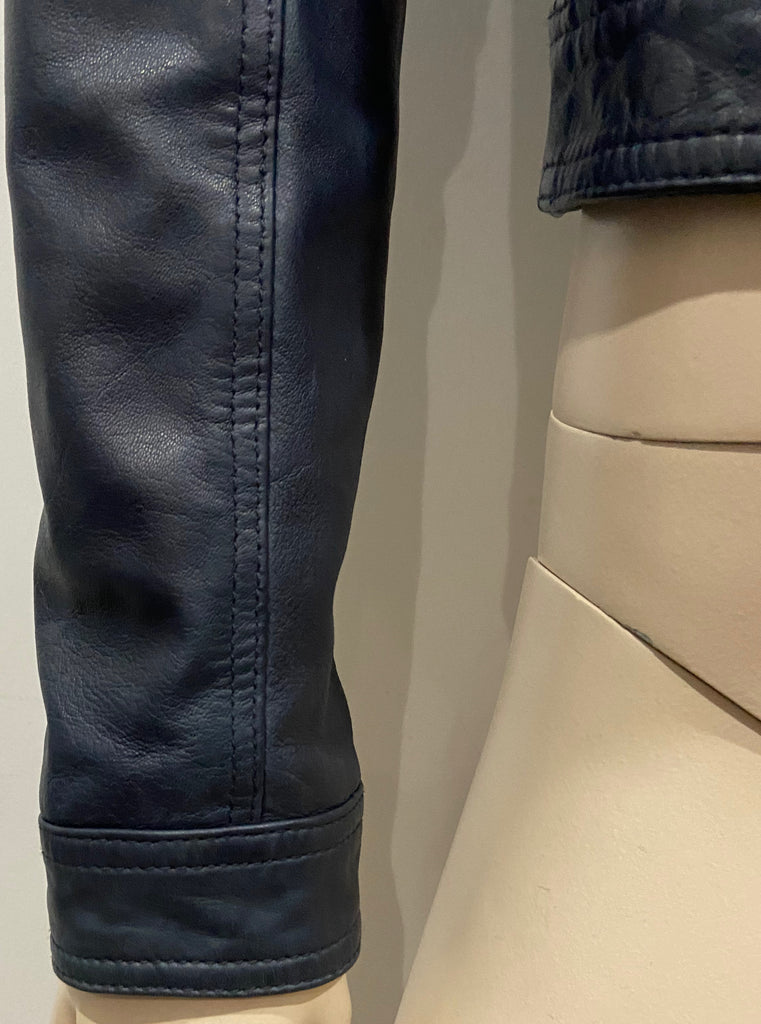 REISS Women's Midnight Blue Leather Collared Double Breasted Lined Jacket XS