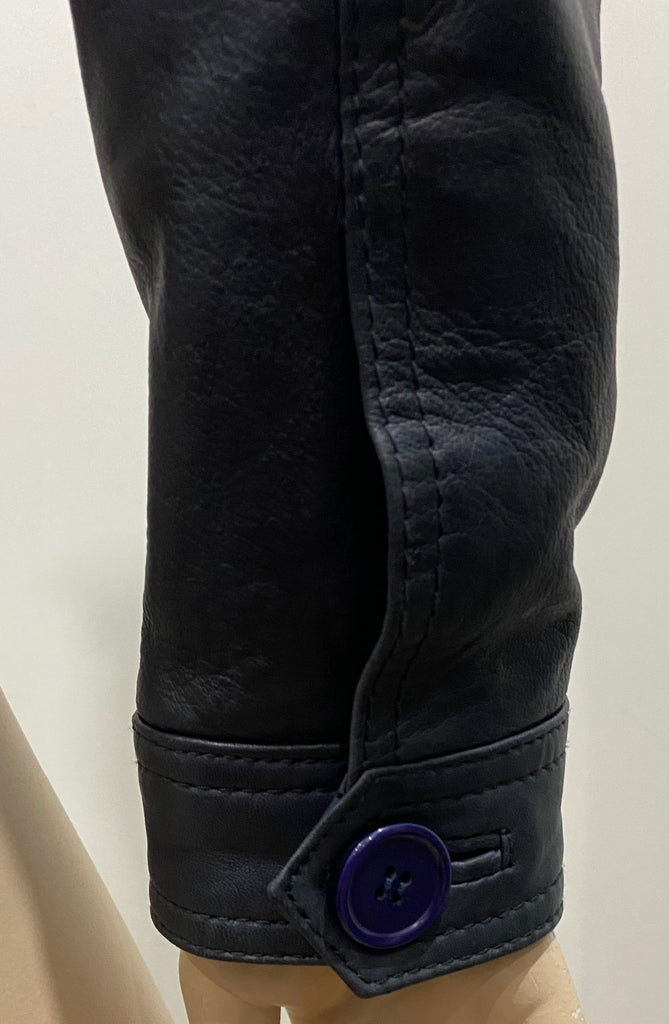 REISS Women's Midnight Blue Leather Collared Double Breasted Lined Jacket XS
