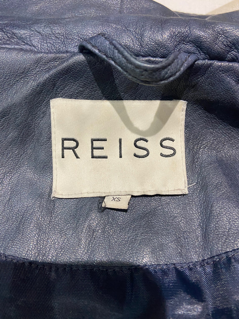 REISS Women's Midnight Blue Leather Collared Double Breasted Lined Jacket XS