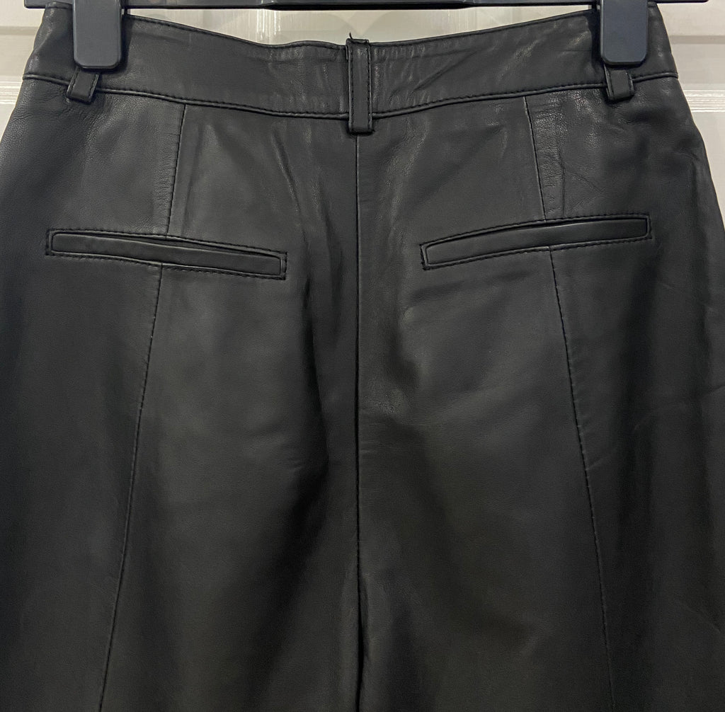 SELECTED FEMME Black 100% Leather Pleated Wide Leg Cropped Capri Trousers 34/XS