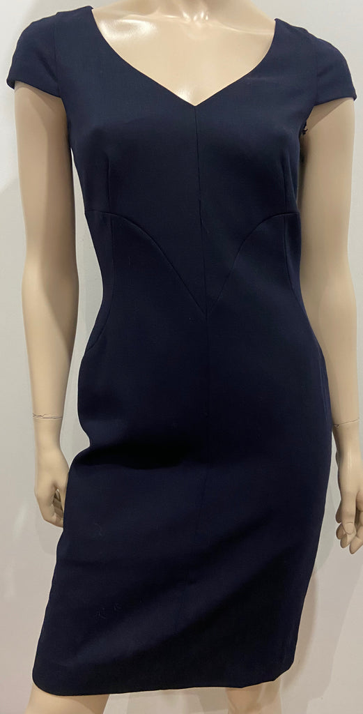 HOBBS Navy Blue Wool V Neck Short Cap Sleeve Short Length Lined Pencil Dress UK8