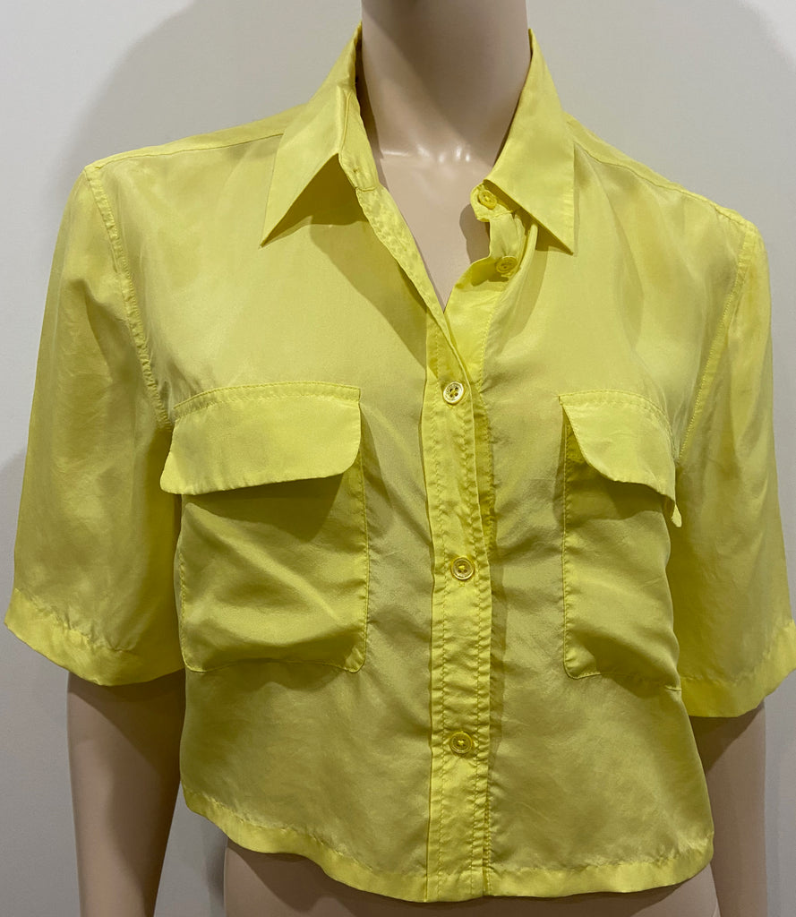 EQUIPMENT FEMME Yellow 100% Silk Collared Short Sleeve Cropped Blouse Shirt S/P