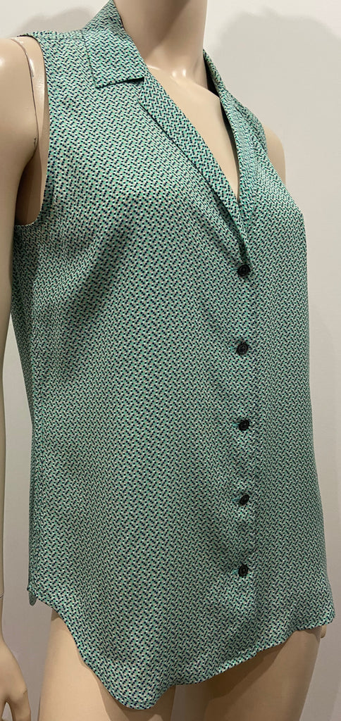 EQUIPMENT FEMME Green Multi Colour Silk Collared V-Neck Sleeveless Blouse Shirt