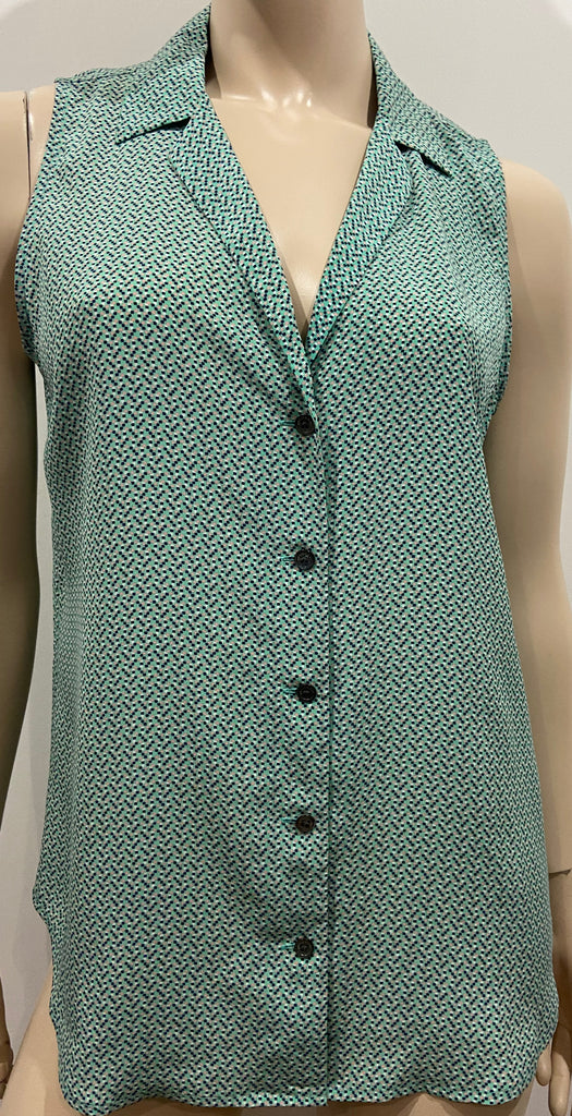 EQUIPMENT FEMME Green Multi Colour Silk Collared V-Neck Sleeveless Blouse Shirt