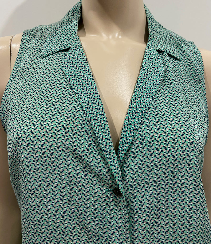 EQUIPMENT FEMME Green Multi Colour Silk Collared V-Neck Sleeveless Blouse Shirt