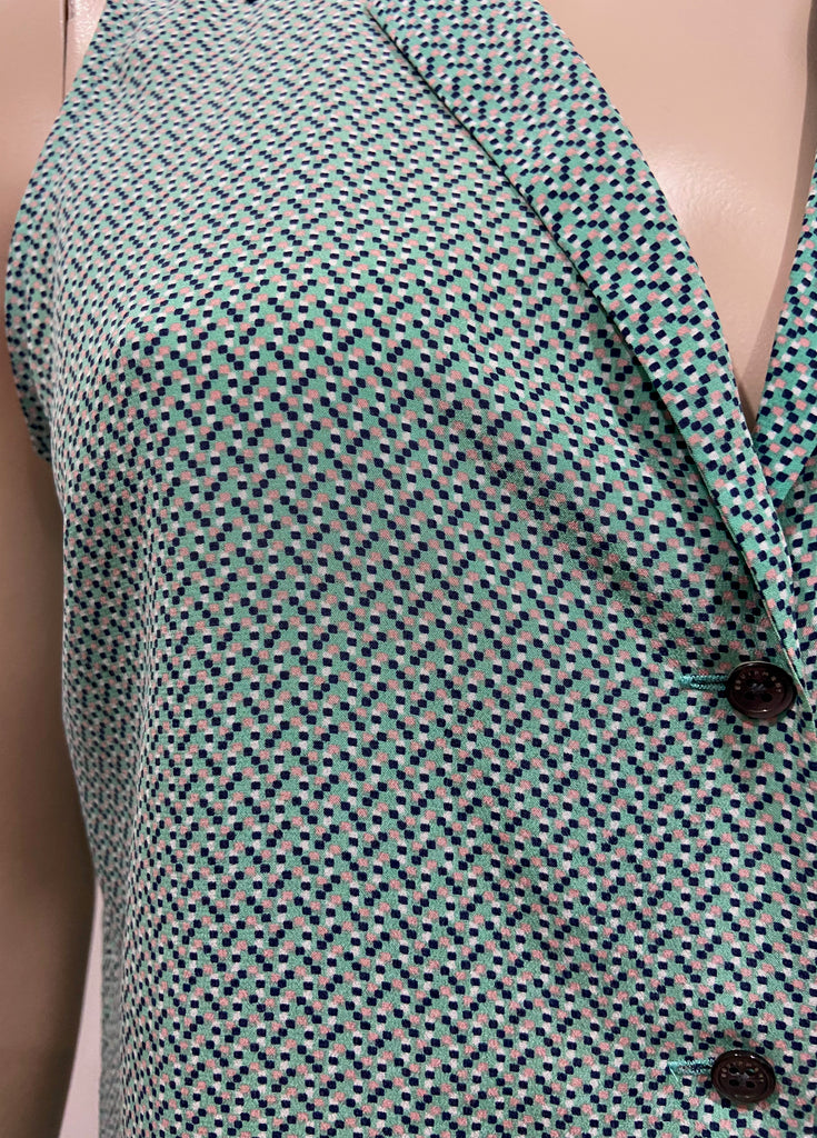 EQUIPMENT FEMME Green Multi Colour Silk Collared V-Neck Sleeveless Blouse Shirt