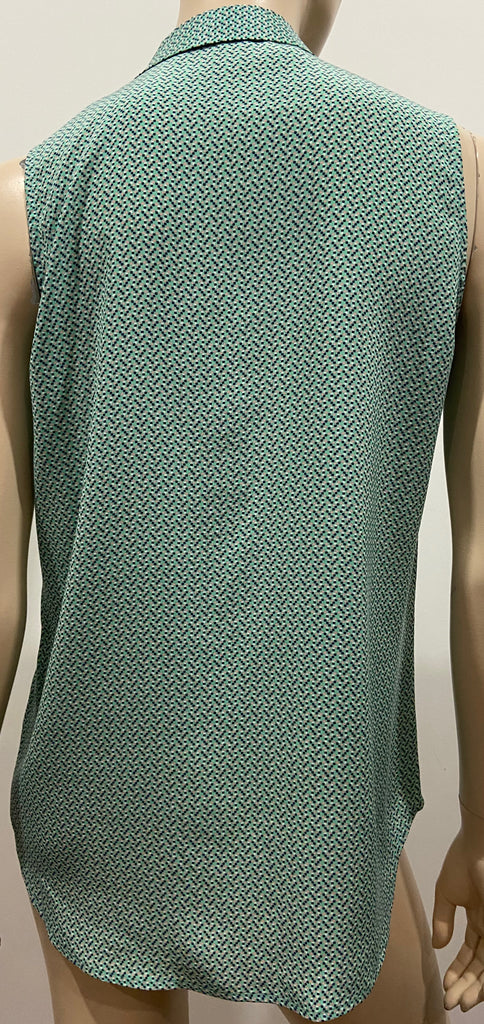 EQUIPMENT FEMME Green Multi Colour Silk Collared V-Neck Sleeveless Blouse Shirt