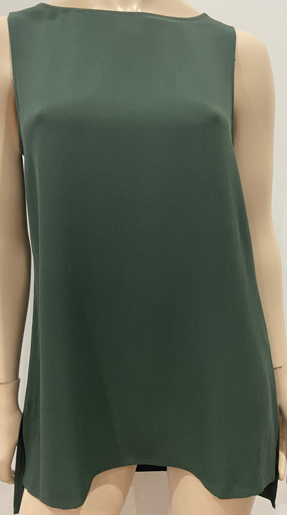 EILEEN FISHER Green 100% Silk Round Neck Sleeveless Camisole Vest Blouse Top XS