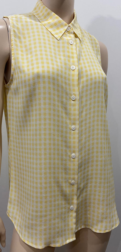 EQUIPMENT FEMME Yellow & Cream Check Silk Collared Sleeveless Blouse Shirt Top S/P