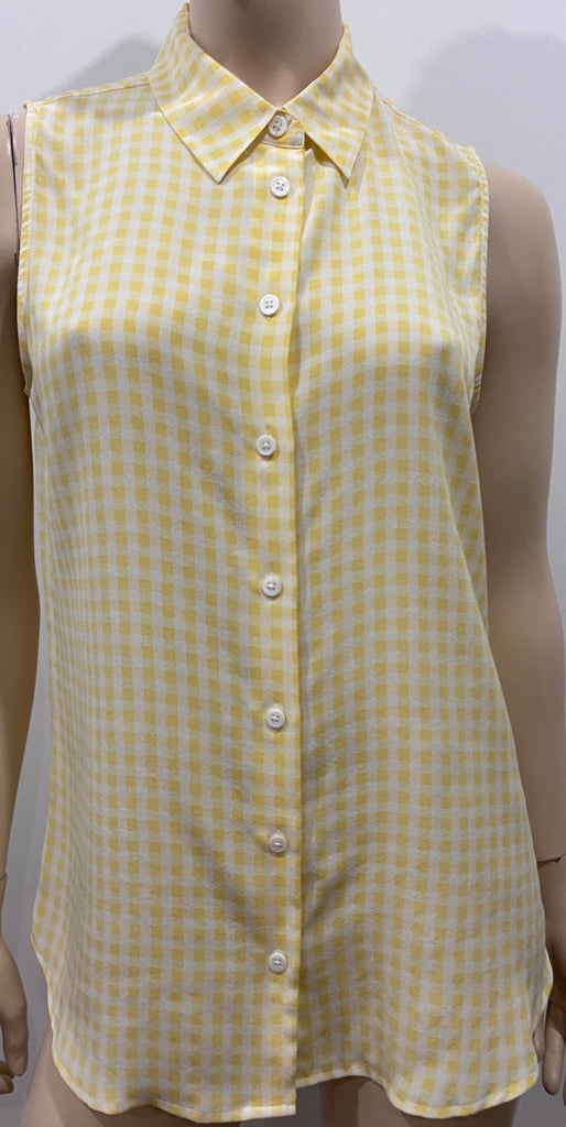 EQUIPMENT FEMME Yellow & Cream Check Silk Collared Sleeveless Blouse Shirt Top S/P