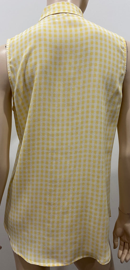 EQUIPMENT FEMME Yellow & Cream Check Silk Collared Sleeveless Blouse Shirt Top S/P