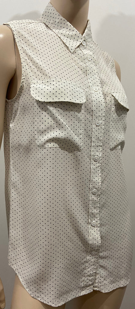 EQUIPMENT FEMME Cream & Black Silk Collared Polka Dot Sleeveless Blouse Top S/P