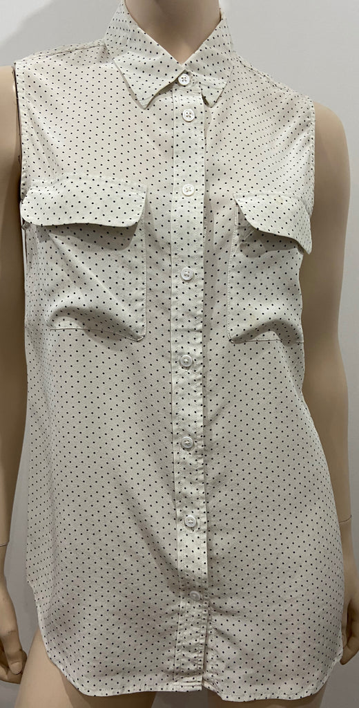 EQUIPMENT FEMME Cream & Black Silk Collared Polka Dot Sleeveless Blouse Top S/P