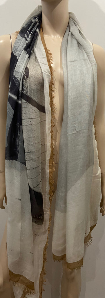 FRANCO FERRARI Cream & Multi Color Patterned Frayed Trim Long Length Scarf Stole