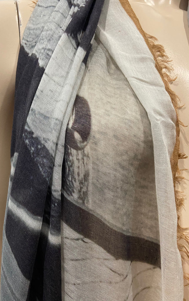 FRANCO FERRARI Cream & Multi Color Patterned Frayed Trim Long Length Scarf Stole