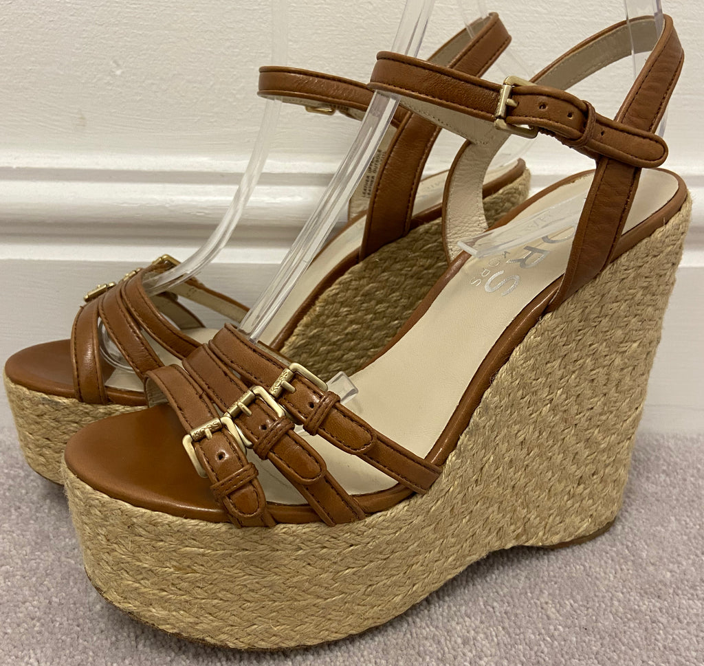 KORS MICHAEL KORS Tan Leather Open Toe Jute Wedge Platform Sandals Shoes 5.5