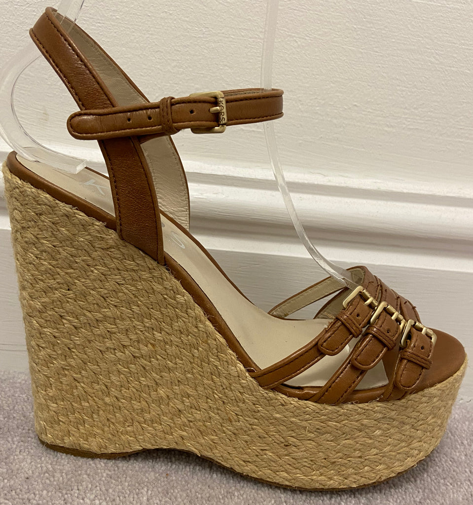 KORS MICHAEL KORS Tan Leather Open Toe Jute Wedge Platform Sandals Shoes 5.5
