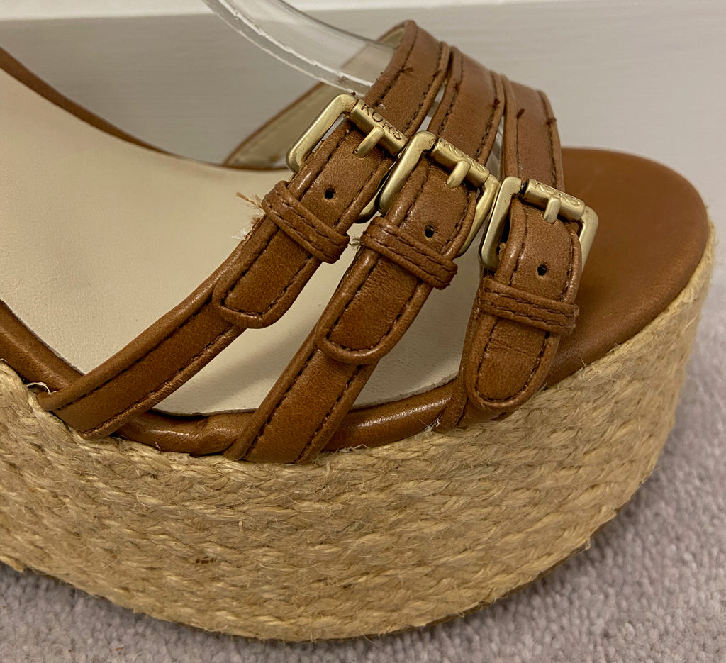 KORS MICHAEL KORS Tan Leather Open Toe Jute Wedge Platform Sandals Shoes 5.5
