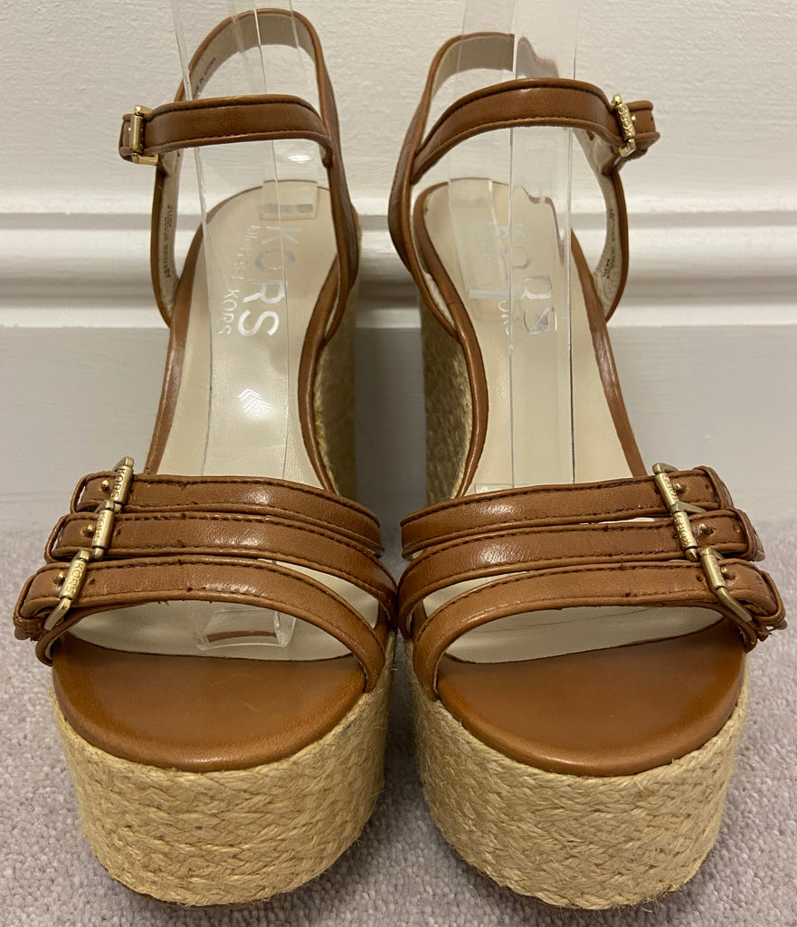KORS MICHAEL KORS Tan Leather Open Toe Jute Wedge Platform Sandals Shoes 5.5