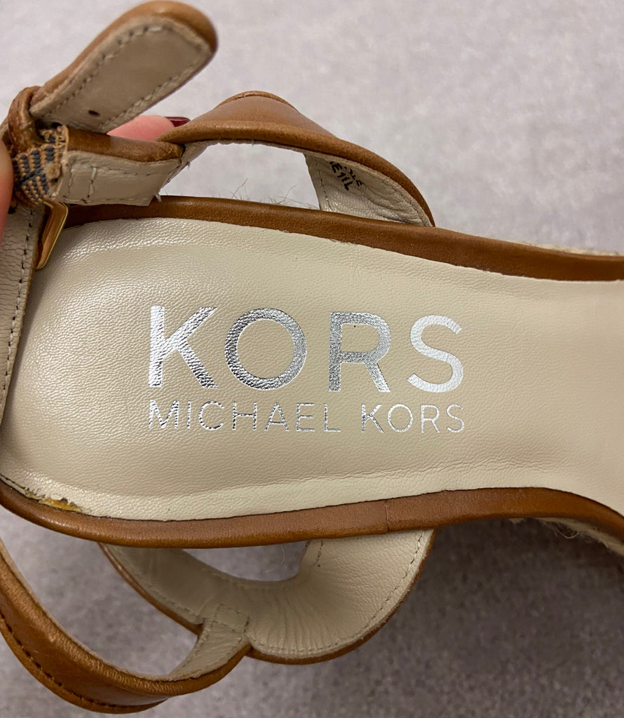 KORS MICHAEL KORS Tan Leather Open Toe Jute Wedge Platform Sandals Shoes 5.5