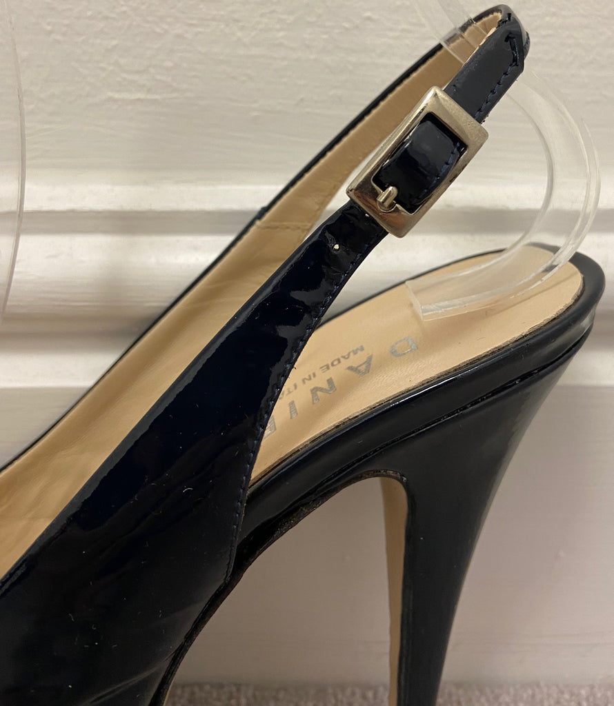 DANIEL Navy Blue Leather Patent Open Toe Platform High Stiletto Sandal Shoes UK5