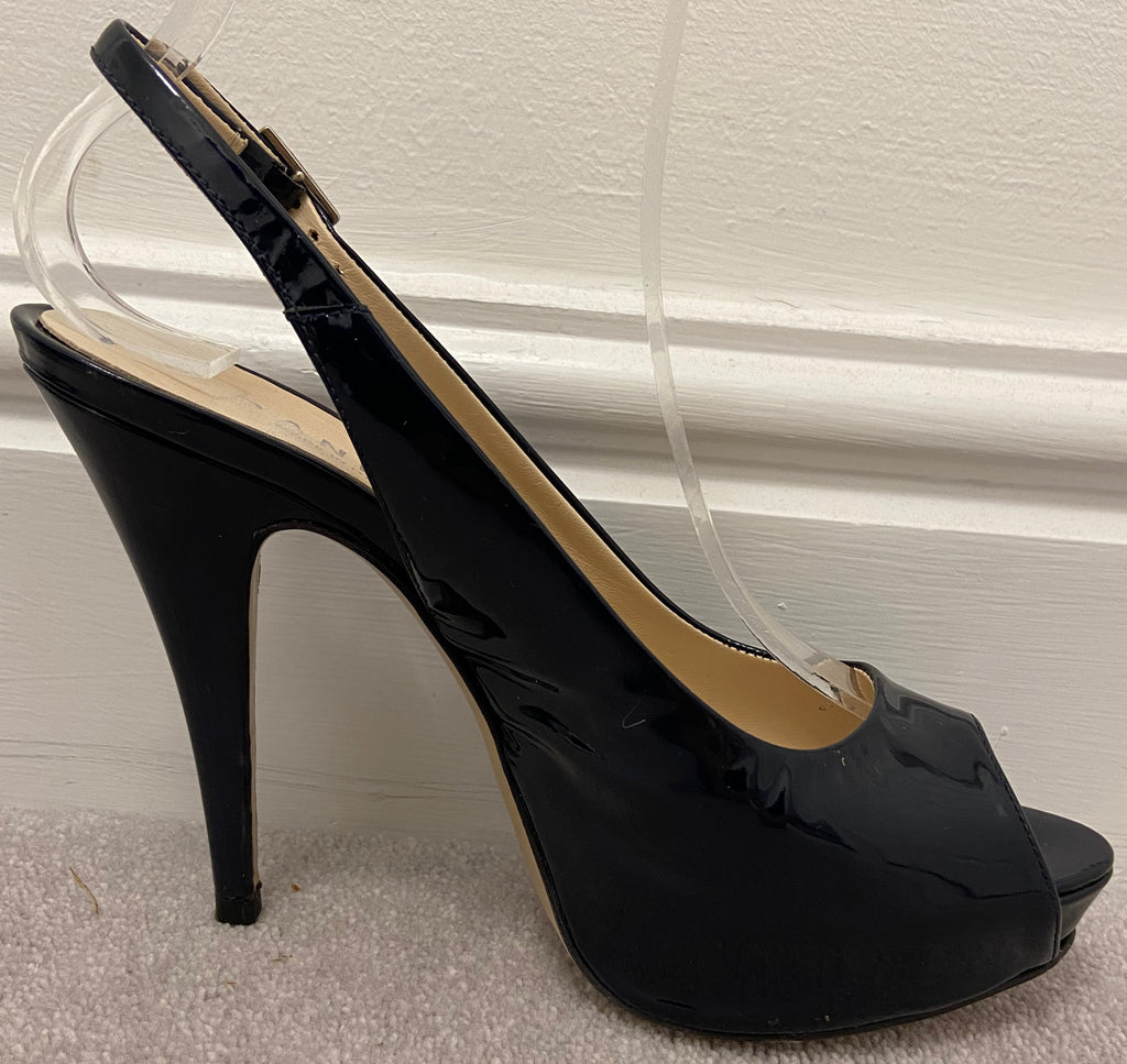 DANIEL Navy Blue Leather Patent Open Toe Platform High Stiletto Sandal Shoes UK5