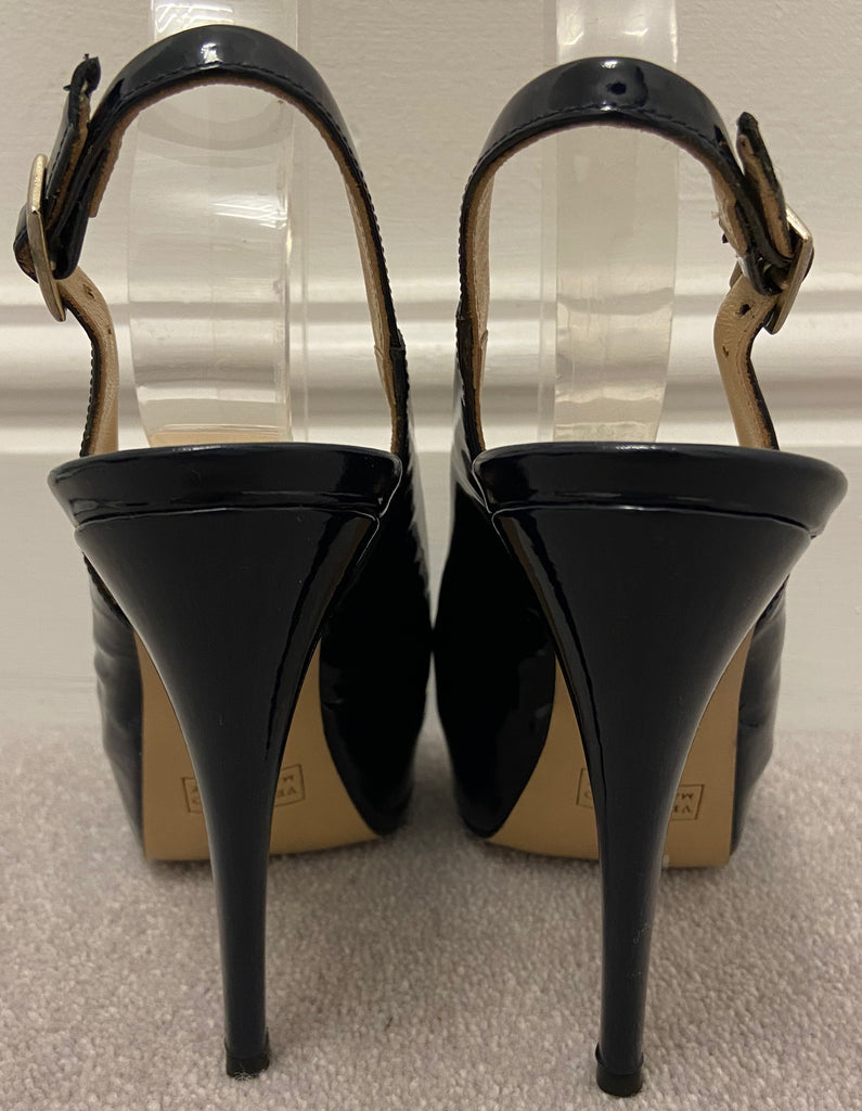 DANIEL Navy Blue Leather Patent Open Toe Platform High Stiletto Sandal Shoes UK5