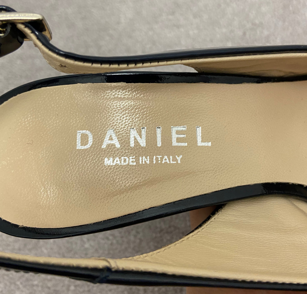 DANIEL Navy Blue Leather Patent Open Toe Platform High Stiletto Sandal Shoes UK5