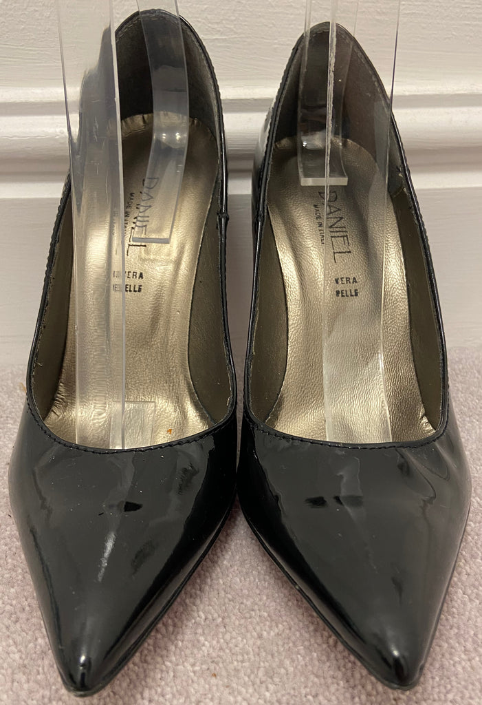 DANIEL Black Leather Patent Pointed Toe High Stiletto Pumps Court Shoes NEW! UK5