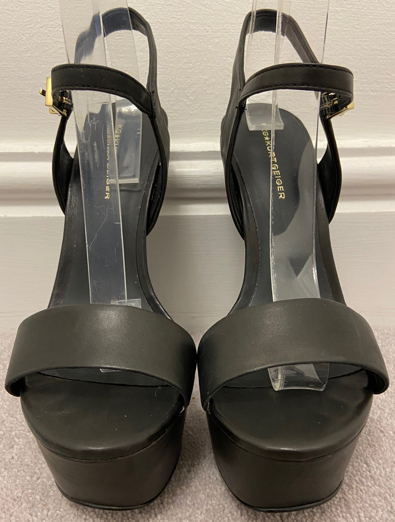 KG KURT GEIGER Black Leather Open Toe Platform Block Heel Sandals Shoes EU38 UK5