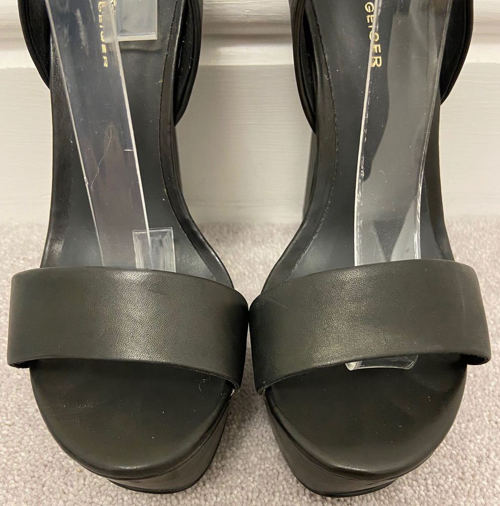 KG KURT GEIGER Black Leather Open Toe Platform Block Heel Sandals Shoes EU38 UK5