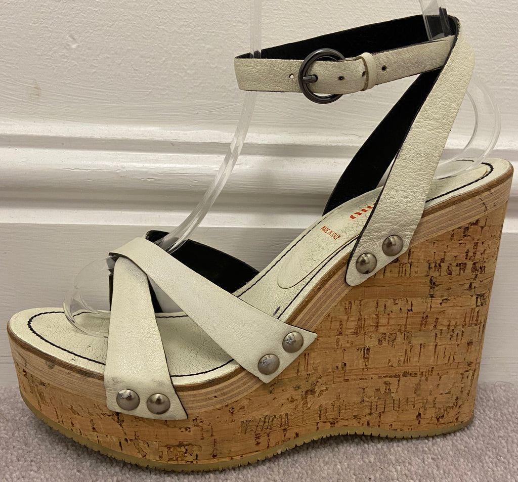 MIU MIU Cream Leather Open Toe Cork Platform Wedge Heel Sandals Shoes EU38 UK5