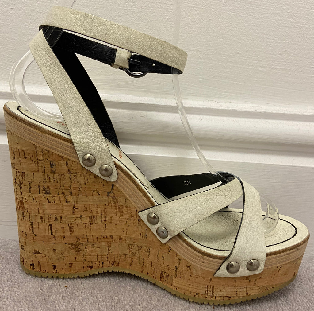 MIU MIU Cream Leather Open Toe Cork Platform Wedge Heel Sandals Shoes EU38 UK5