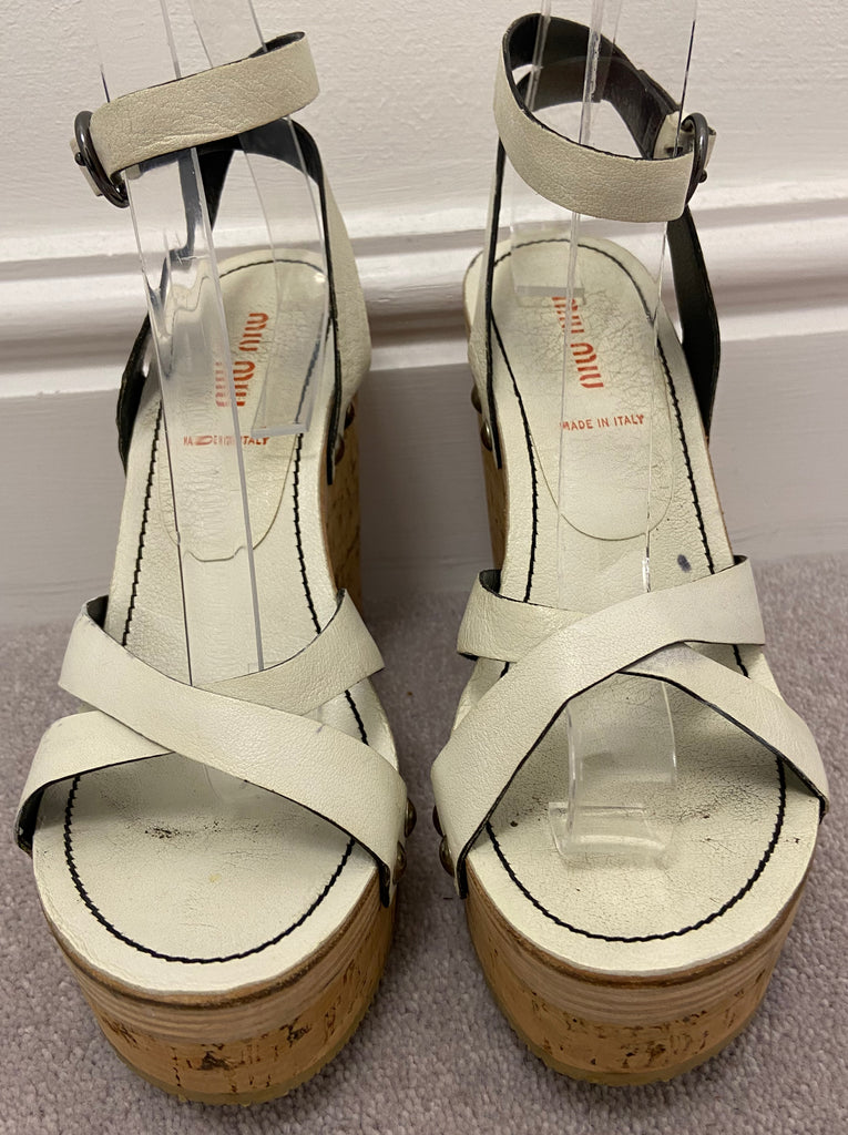 MIU MIU Cream Leather Open Toe Cork Platform Wedge Heel Sandals Shoes EU38 UK5