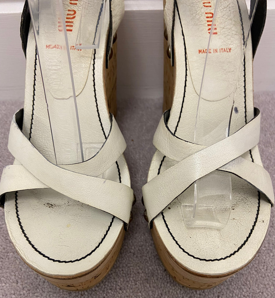 MIU MIU Cream Leather Open Toe Cork Platform Wedge Heel Sandals Shoes EU38 UK5