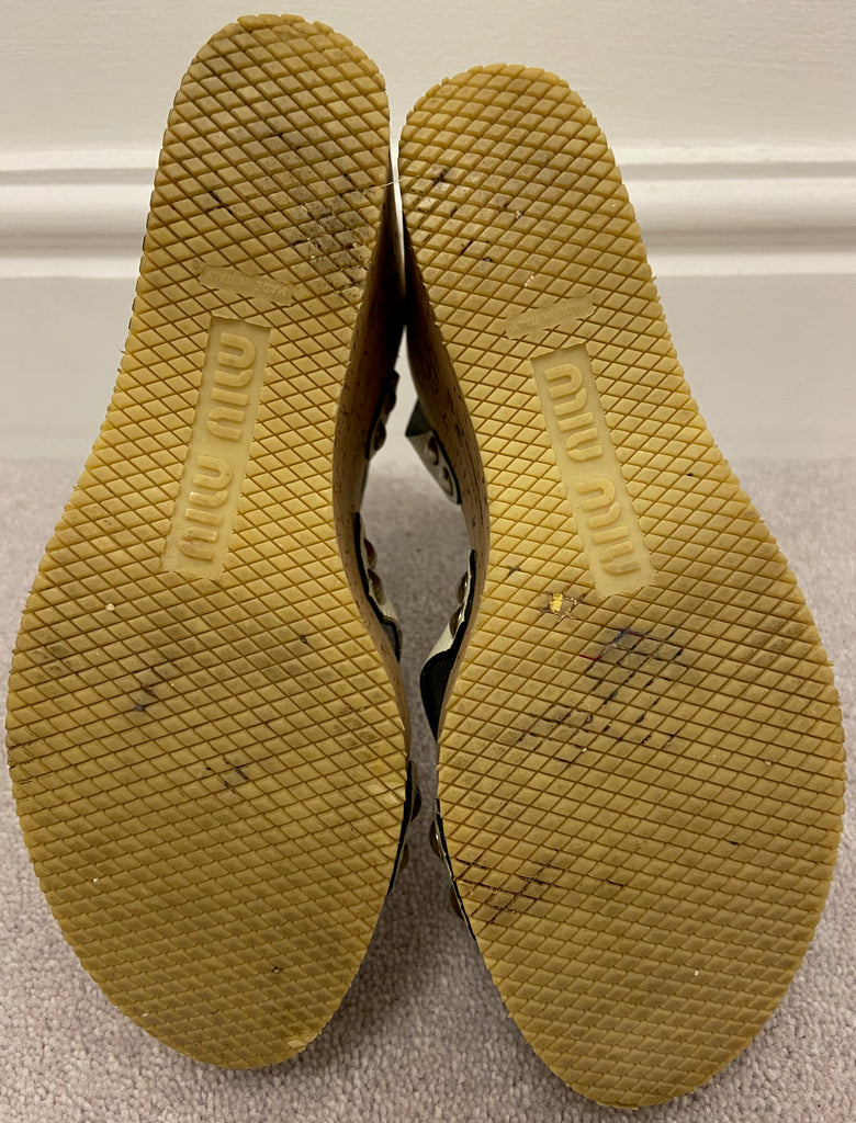 MIU MIU Cream Leather Open Toe Cork Platform Wedge Heel Sandals Shoes EU38 UK5