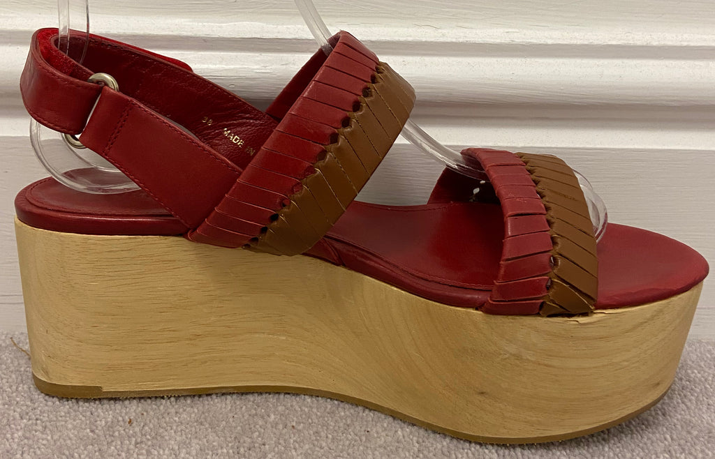 WHISTLES Rust Red & Brown Leather Wooden Platform Wedge Sandals Shoes EU 38 UK5