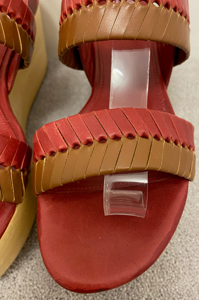 WHISTLES Rust Red & Brown Leather Wooden Platform Wedge Sandals Shoes EU 38 UK5