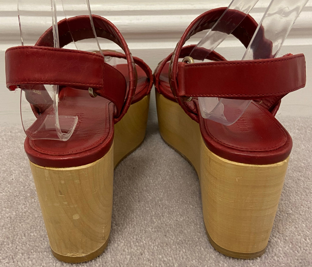 WHISTLES Rust Red & Brown Leather Wooden Platform Wedge Sandals Shoes EU 38 UK5