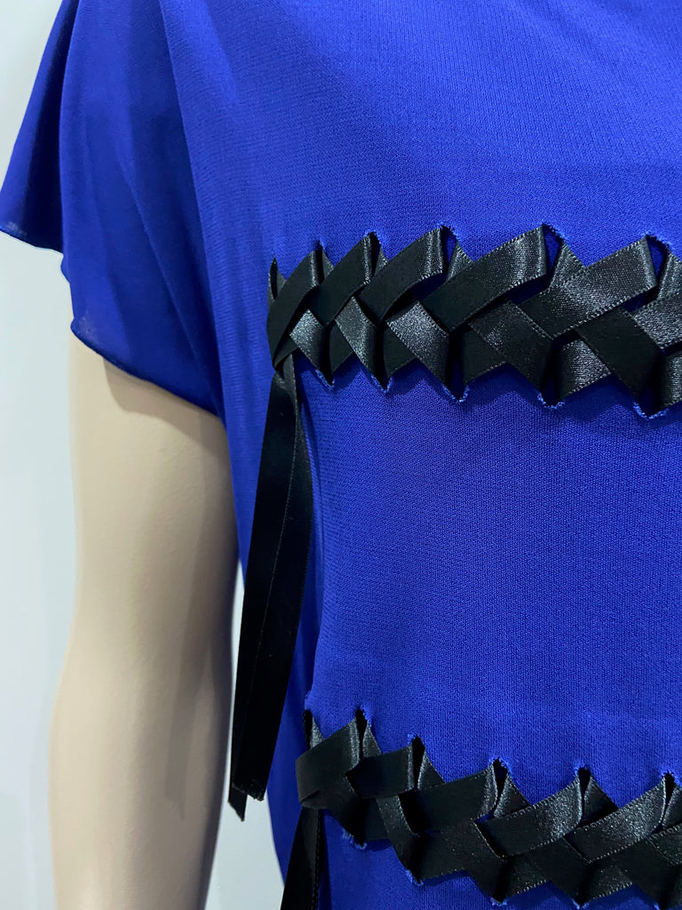JEAN PAUL GAULTIER FEMME Royal Blue w Black Ribbon Detail Short Sleeve Dress UK8